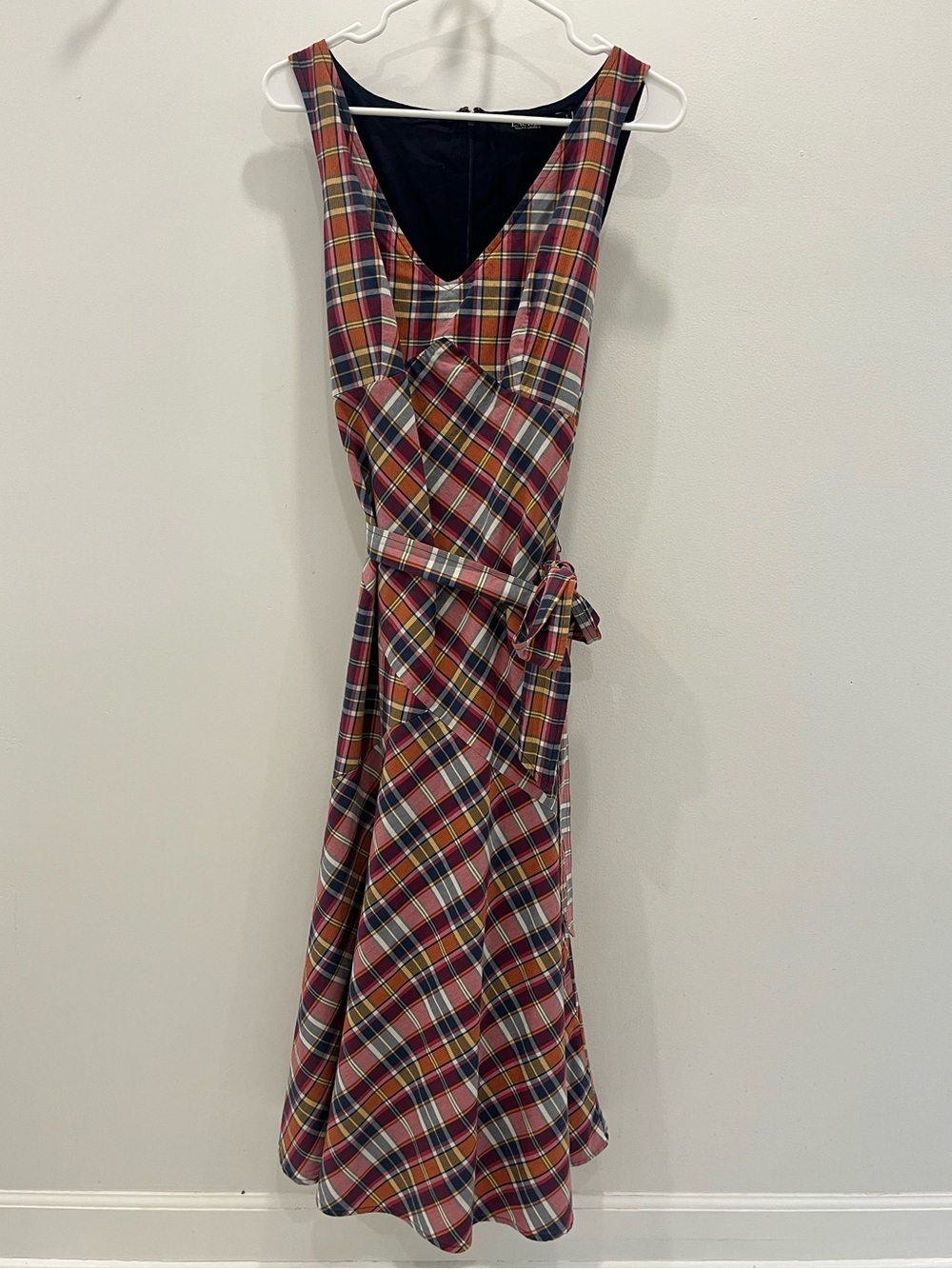100% Cotton Ralph Lauren Sleeveless Plaid Midi Dress in Red, Navy & Yellow